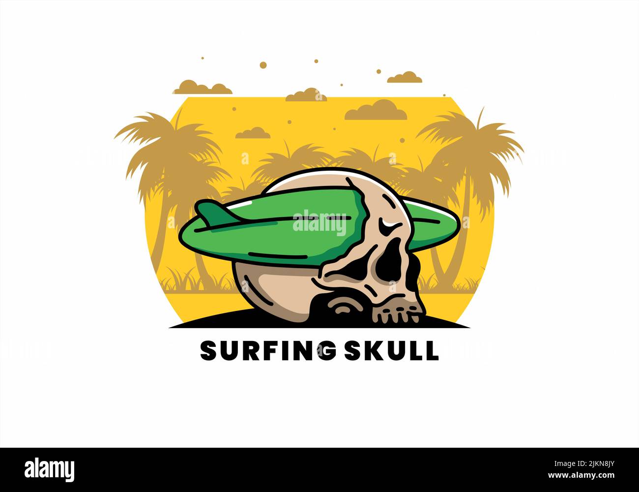 Illustration Design eines Surfbretts, das den Schädel durchbohrt Stock Vektor