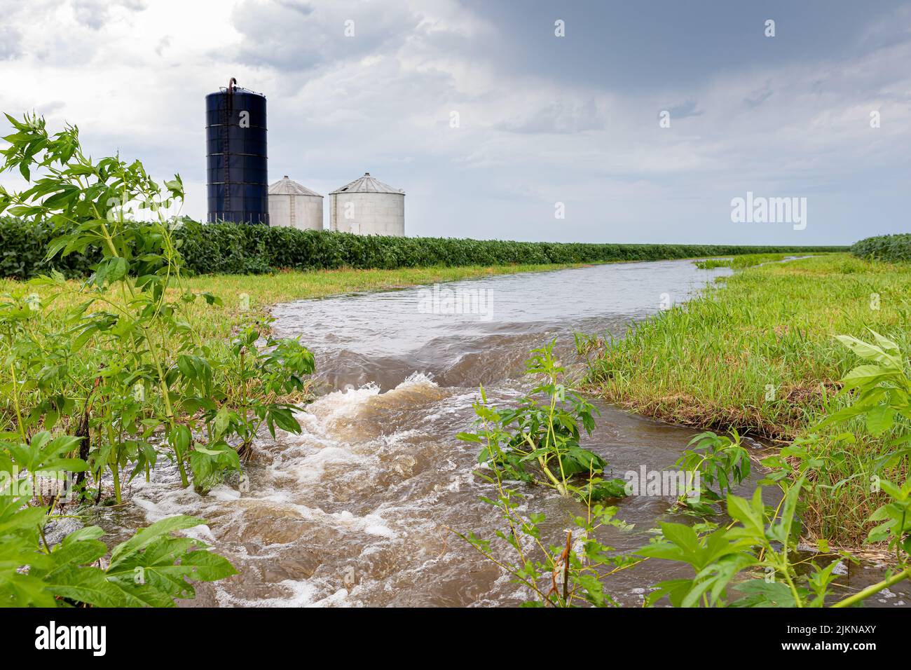 Hochwasser Regenwasser fließt durch Farm Field Waterway. Konzept zur Bekämpfung von Landwirtschaft, Klimawandel und Erosion. Stockfoto