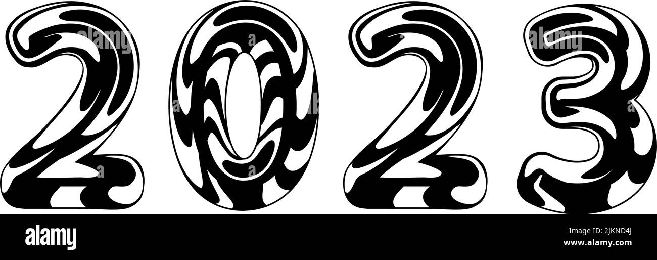 Sylized Metall Chrom Flüssigkeit Zahlen 2023. 2023 Frohes Neues Jahr Stock Vektor