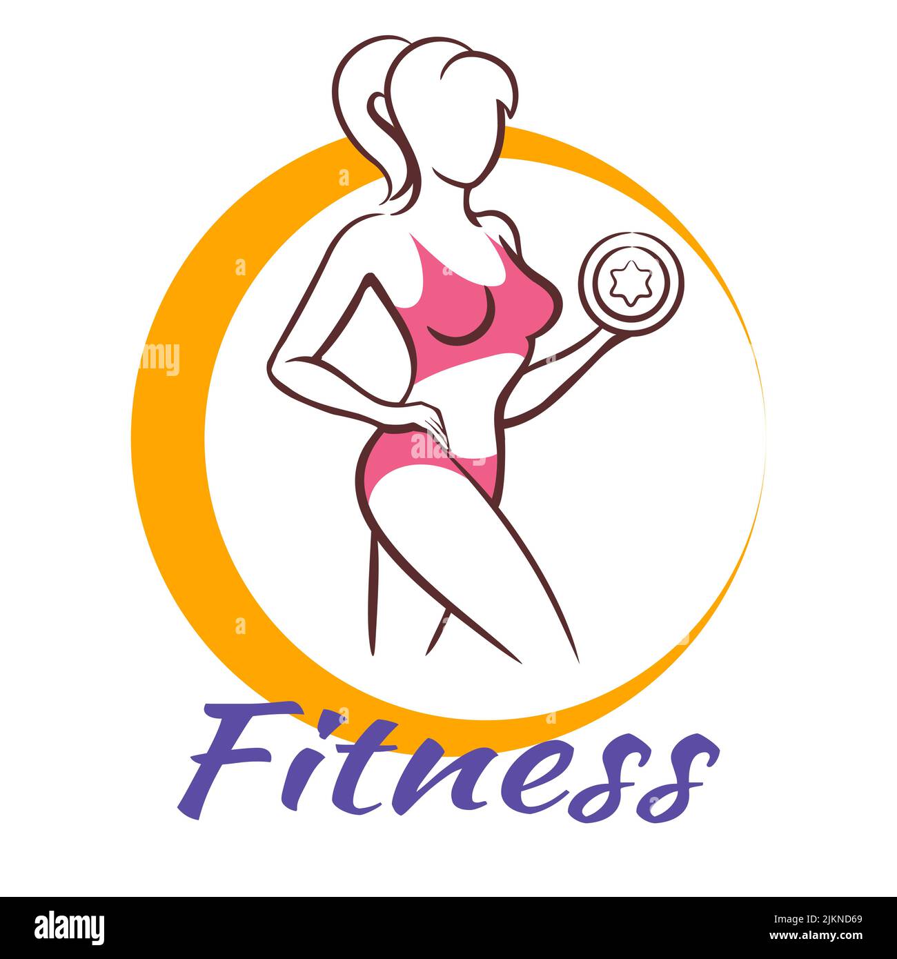 Frau mit Hantelfitness-Logo oder -Emblem. Aktive Frau isoliert auf Weiß. Vektorgrafik. Stock Vektor