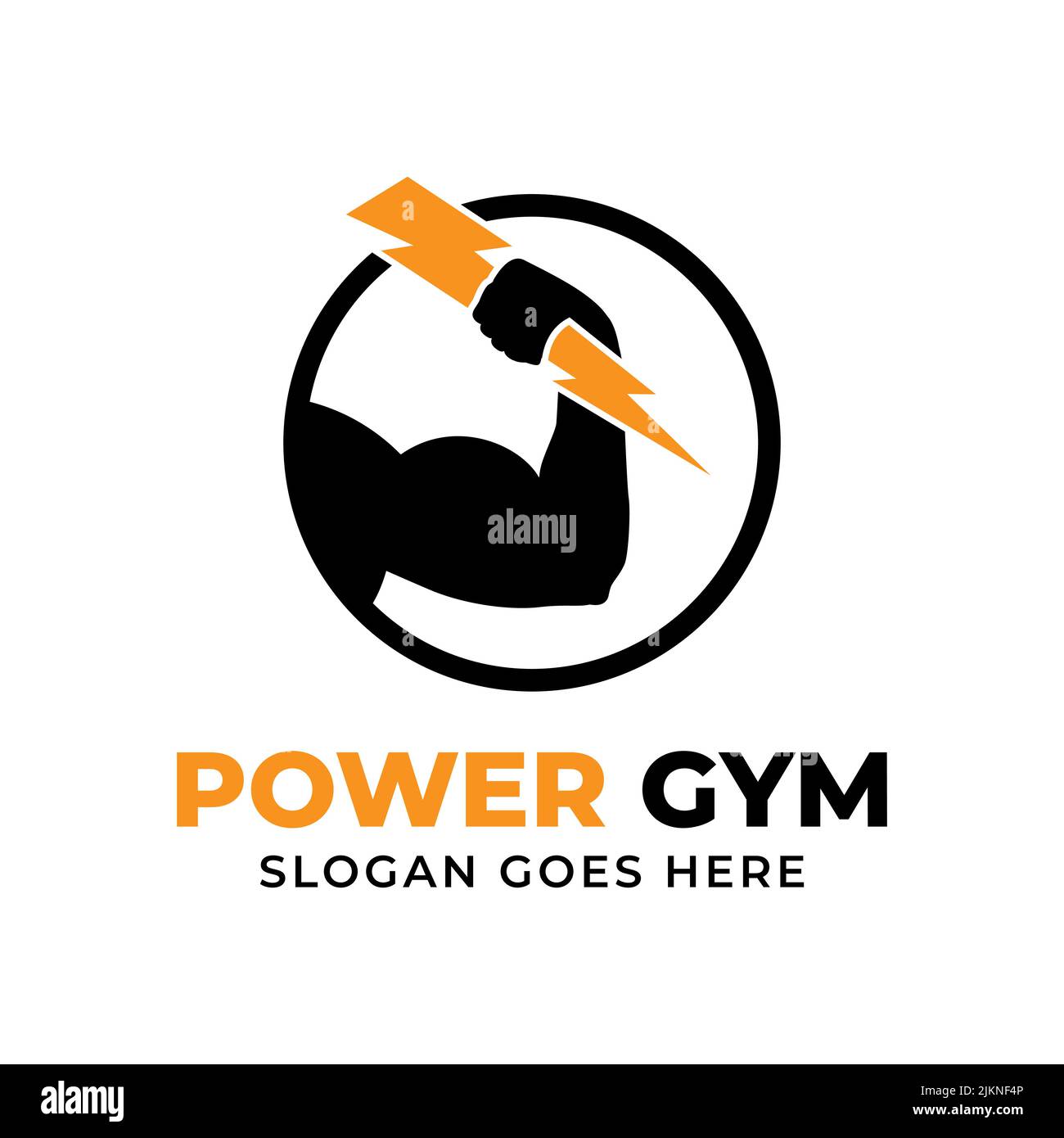 Logo-Design-Emblem des Power Gym Fitness Centers mit Bizeps, der Blitz hält, am besten für das Fitnessstudio, Markenvorlage mit Logo Stock Vektor