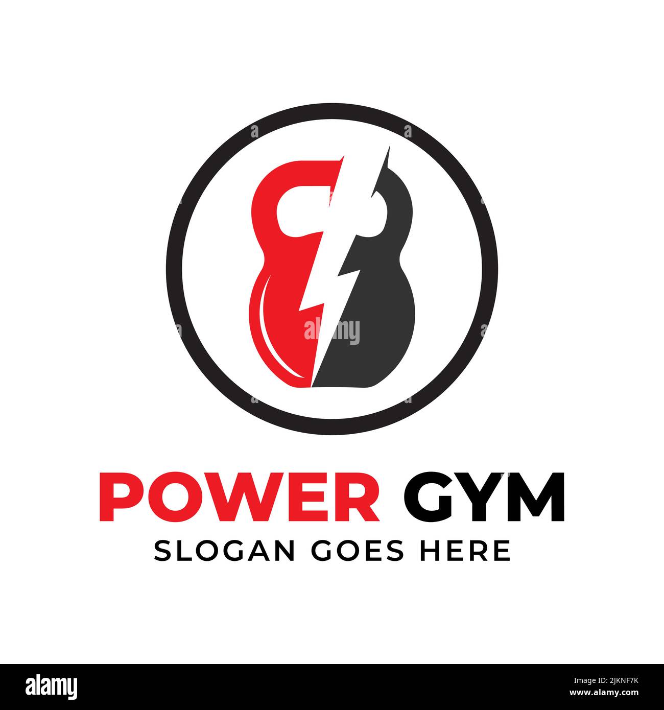 Logo-Design-Emblem des Power Gym Fitness Centers mit Bizeps, der Blitz hält, am besten für das Fitnessstudio, Markenvorlage mit Logo Stock Vektor
