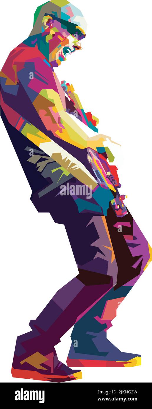 Gitarrist inszeniert Pop Art Stil Illustration auf einem Rockmusikkonzert. Stock Vektor