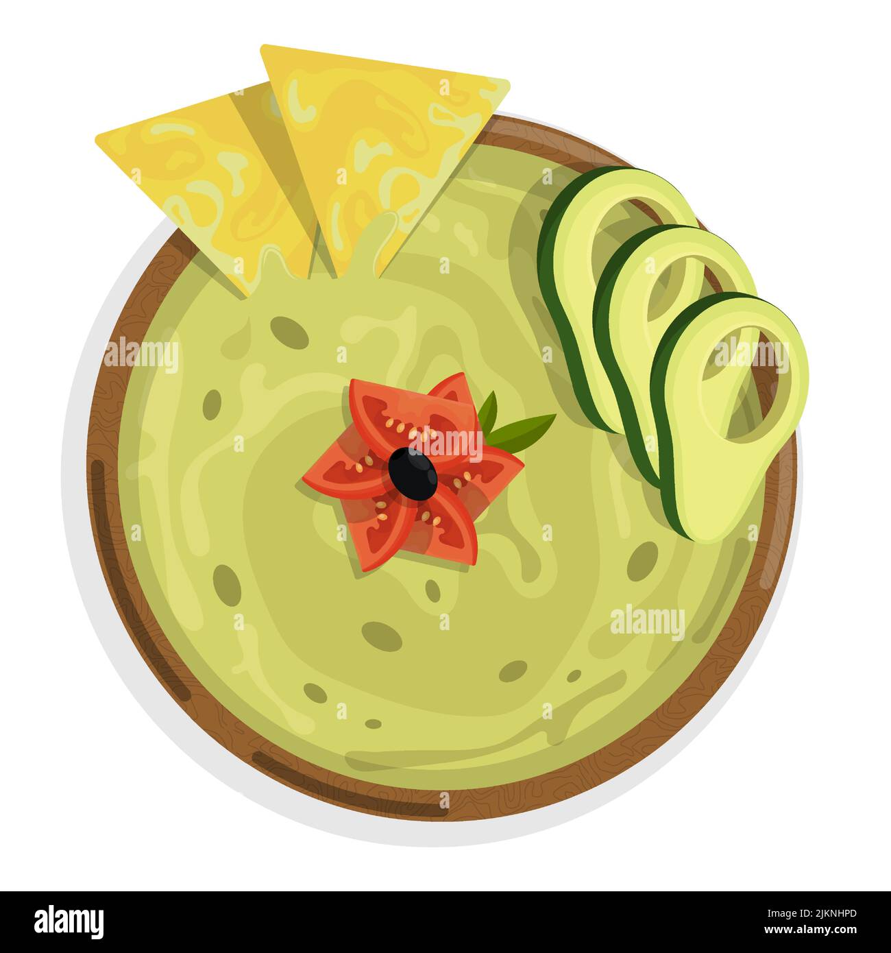 Schüssel mit würziger mexikanischer Guacamole-Sauce. Scharfe Chips, Vorspeise für Hauptgericht, Draufsicht. Cartoon-Vektor auf weißem Hintergrund isoliert Stock Vektor