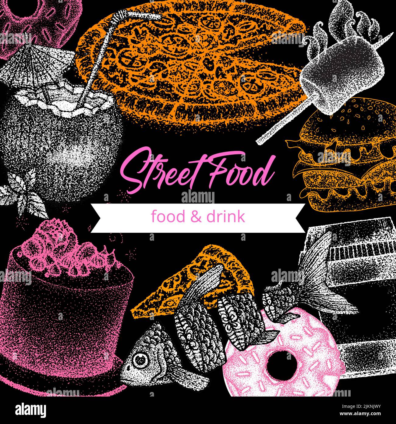 Food Street Dotwork Poster. Vektor Illustration von handgezeichneten Tattoo Sketch Konzept. Stock Vektor