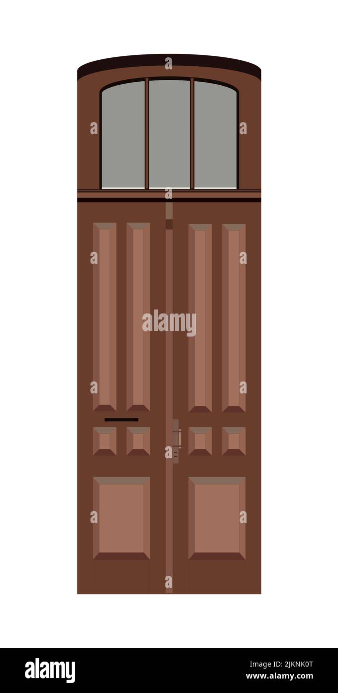 Eingang Doppeltür, dünnes braunes Holzportal mit Glasfenstern. Eingangstür, design im europäischen Stil. Vektorgrafik. Stock Vektor