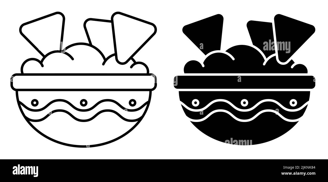Lineare Ikone, Schüssel mit würziger mexikanischer Guacamole-Sauce. Würzige Chips, Vorspeise als Hauptgericht. Einfacher Schwarz-Weiß-Vektor auf weißem Hintergrund isoliert Stock Vektor