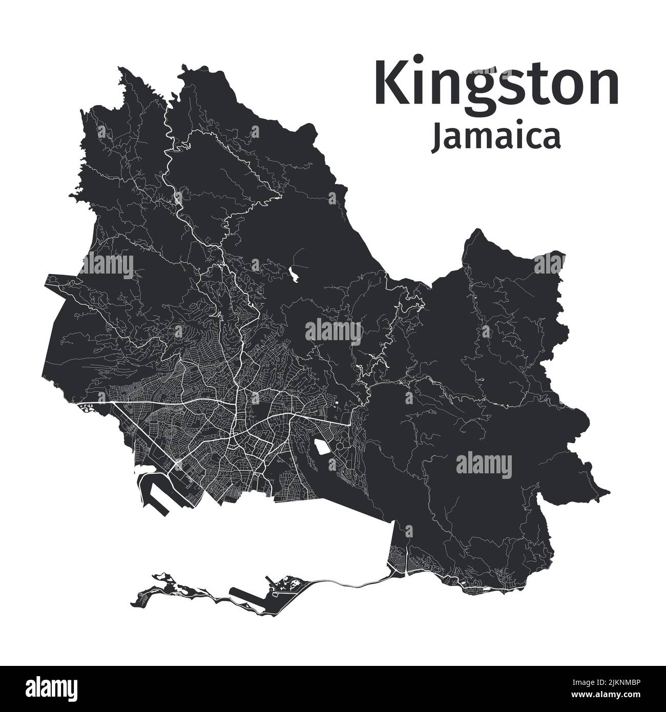 Kingston Vektorkarte. Detaillierte Vektorkarte des Verwaltungsgebiets der Stadt Kingston. Blick auf das Stadtbild mit Postern und die Arie der Metropole. Schwarzes Land mit weißen Straßen, Stock Vektor