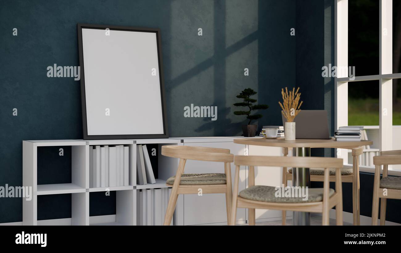 Ein Modell mit leerem Rahmen befindet sich auf einem minimalweißen niedrigen Schrank gegen die blaue Wand im modernen minimalistischen Wohnzimmer. 3D Rendering, 3D Illustration Stockfoto