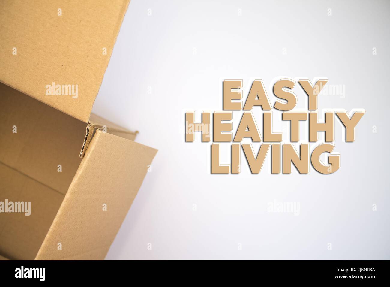 Easy Healthy Living Wort mit Karton. Brauner Faltschachtel. Stockfoto