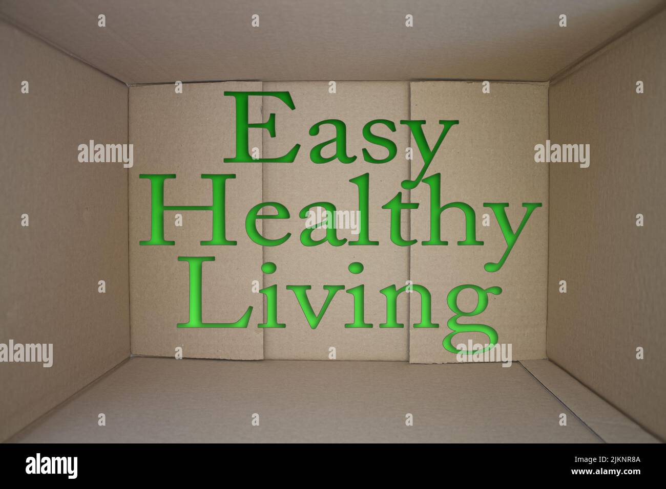 Easy Healthy Living Wort mit Karton. Brauner Faltschachtel. Stockfoto