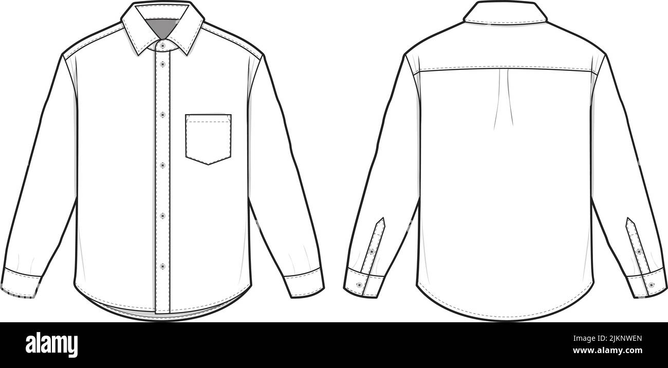 Oxford Hemd mit Kragen und Knopfleiste mit langen Ärmeln Vektor-Mode flach Technische Zeichnung Illustration Blank Streetwear Mock-up-Vorlage für Design und Tech Pack Stock Vektor