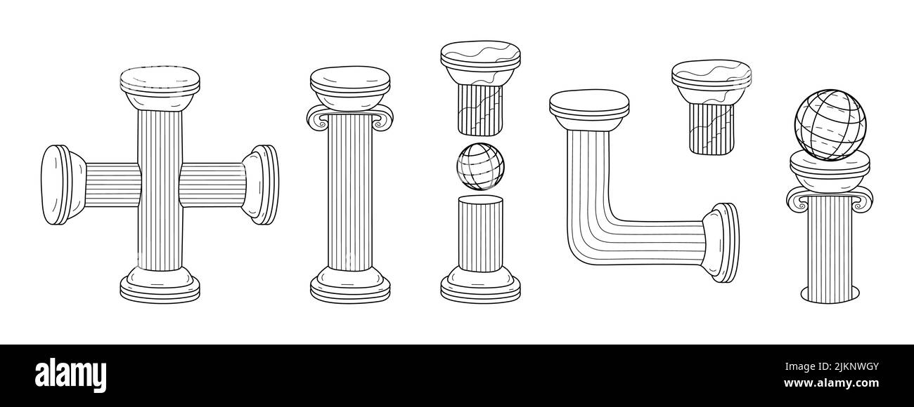 Griechischer alter Spaltensatz-Vektor. Antike Säule im Linienstil. Römischer Sockel Umriss Abbildung i Stock Vektor