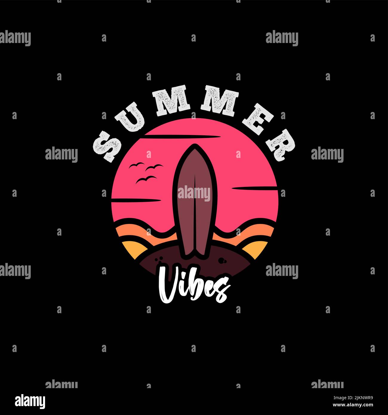 Einfaches Surfboard und Strand für Sommer T-Shirt oder Logo Design. Typografie Der Sommervibes Stock Vektor
