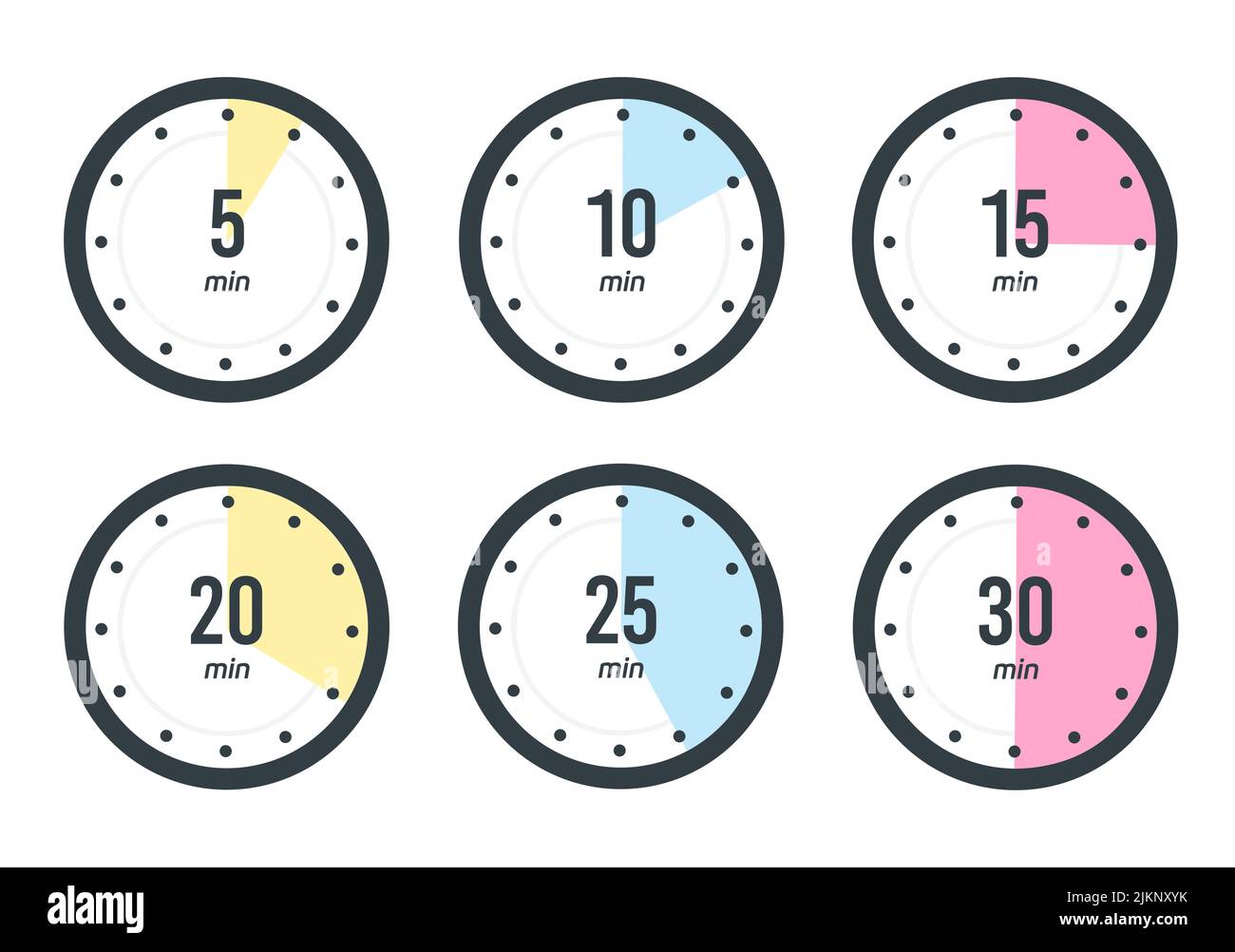 Timer, Uhr, Stoppuhr isolierte Set-Symbole. 5, 10, 15, 20, 25, 30 Min. Garzeit für Etiketten. Vektorgrafik Stock Vektor