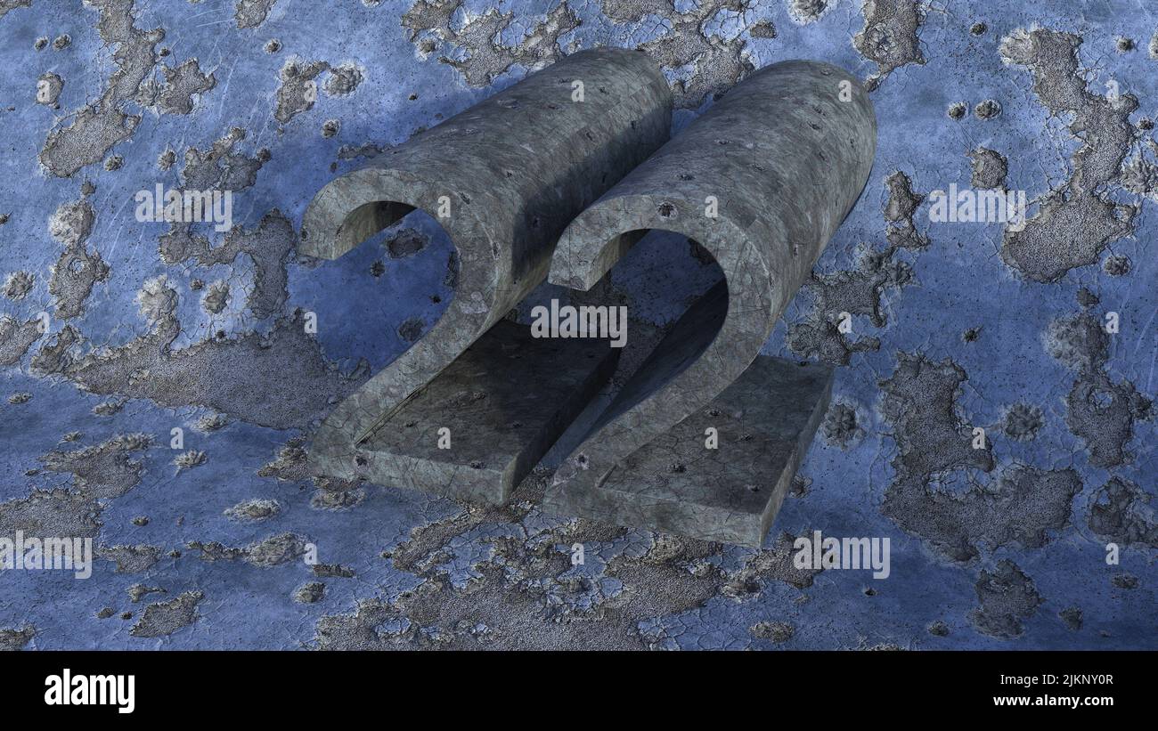 Eine 3D Render eines Betonsteins 22 Zahl auf einem verwitterten blauen Wandhintergrund Stockfoto