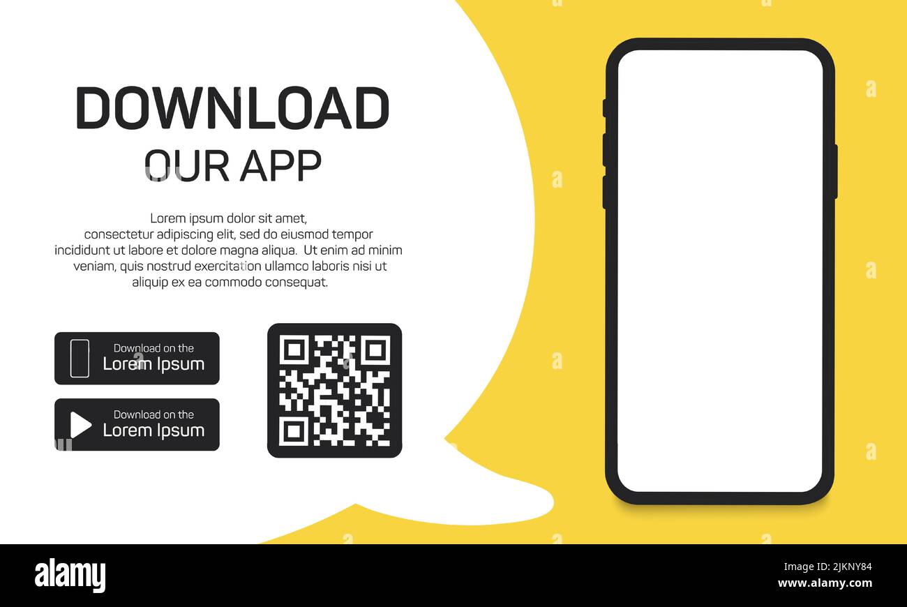 Laden Sie unsere App für Mobiltelefone herunter. Werbebanner zum Herunterladen der mobilen App. Mockup Smartphone mit leerem Bildschirm für Ihre App. Vektor Stock Vektor