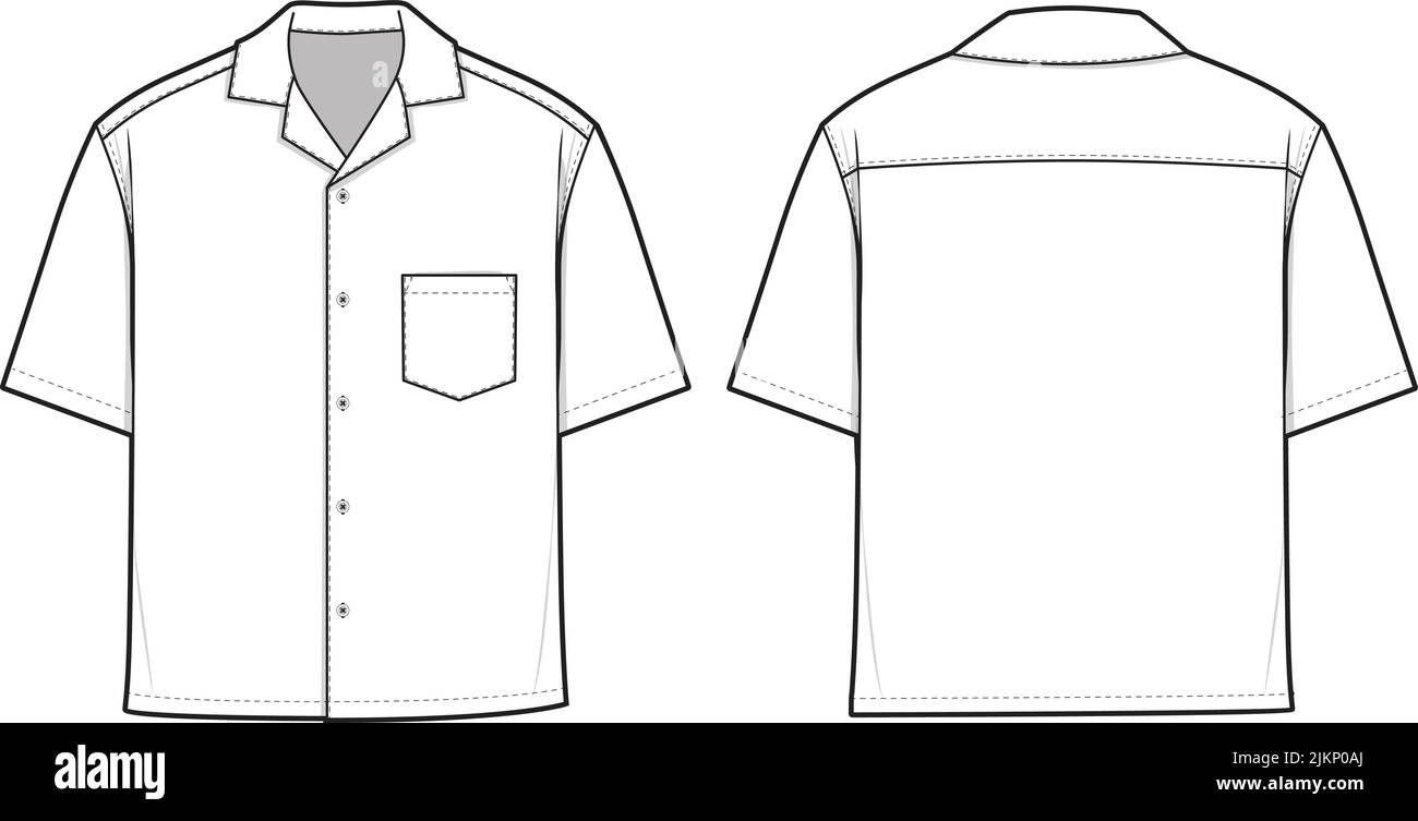 Camp Button Shirt Kurzarm Vektor flach Technische Zeichnung Illustration unbeschriftet Mock-up-Vorlage für Fashion Design und Tech Packs CAD Technical Stock Vektor