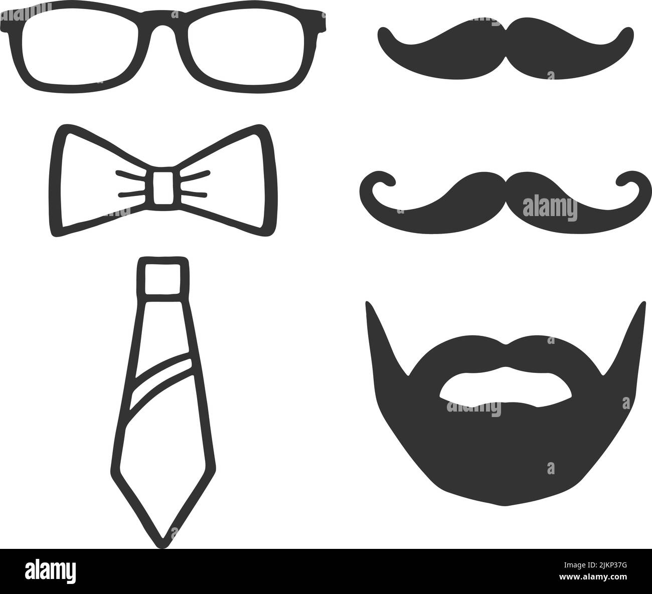 Fotoprops-Set. Brille, Schnurrbart, Schleife und Krawatte für Selfie. Kollektion von männlichen Fotozubehör. Set aus Photobooth. Vektor Stock Vektor