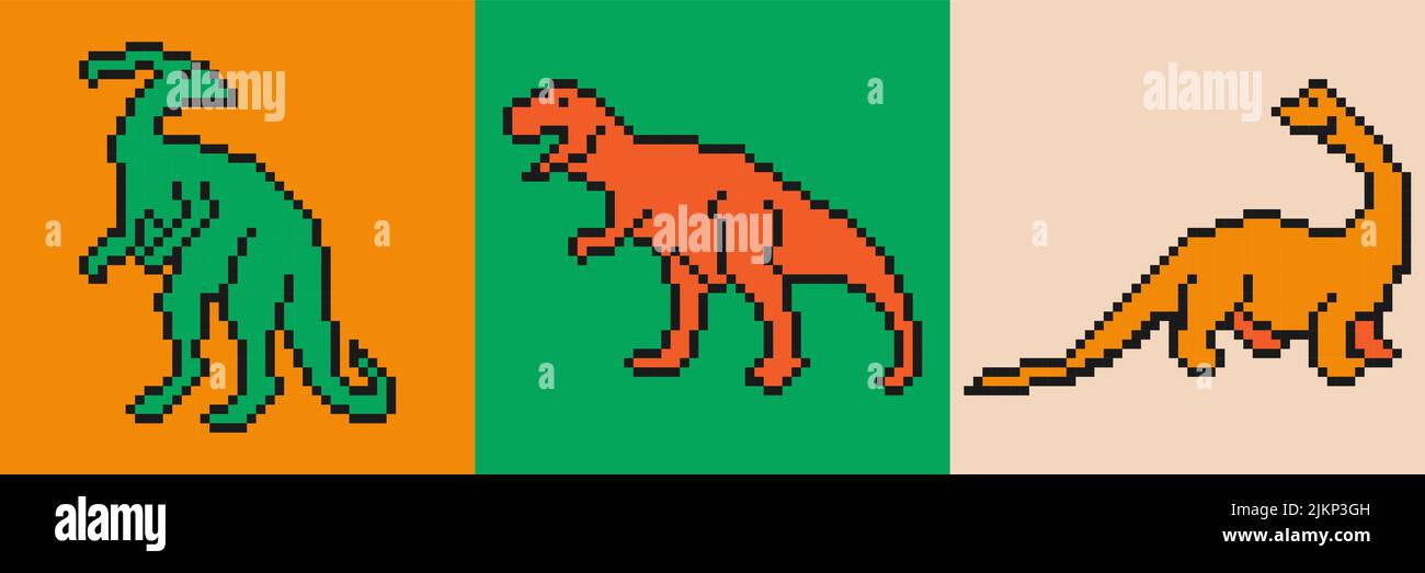 Bunte Kunst mit Dinosauriern im Pixel-Art-Stil. Stock Vektor