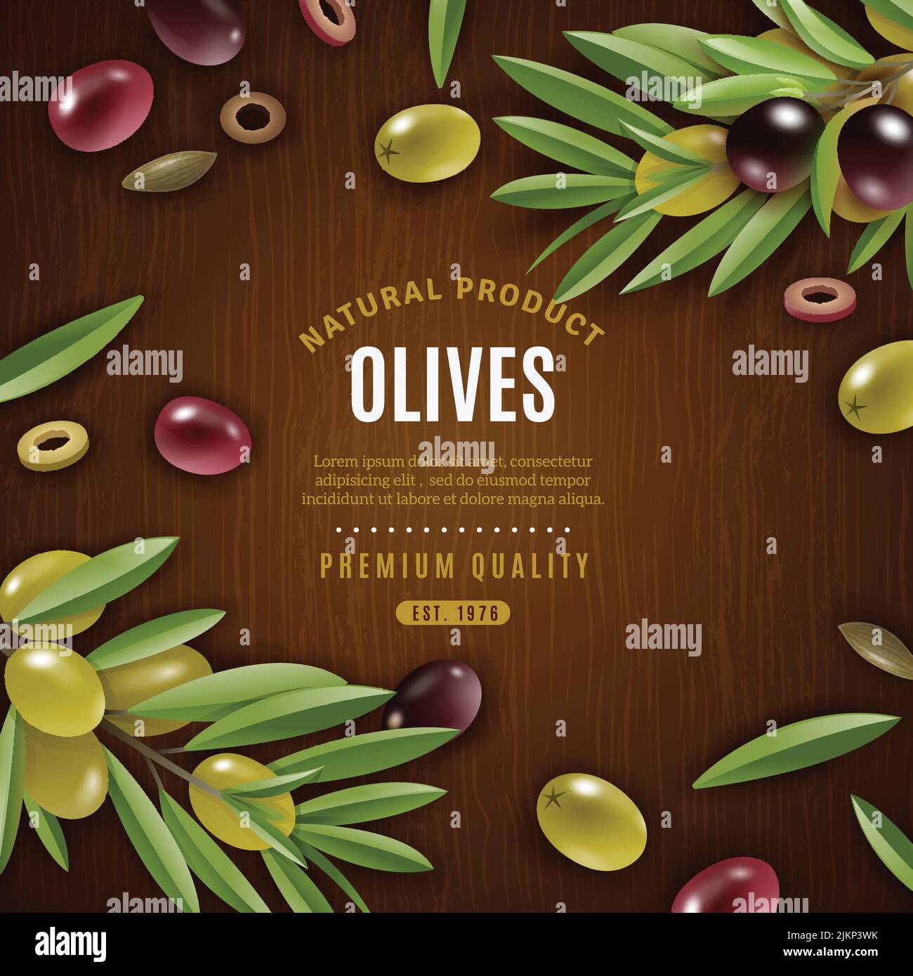 Natürliche Oliven Hintergrund mit Oliven und Blättern auf Holz Hintergrund Cartoon Vektorgrafik Stock Vektor