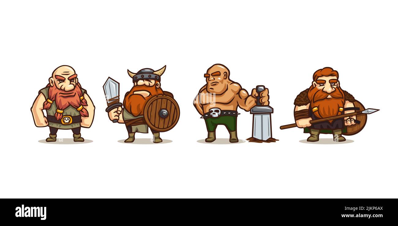 Viking Comic-Figuren, alte skandinavische Krieger mit Ingwerbart, Schwert, Speer und hölzernen Schilden. Game-Persönlichkeiten, lustige mittelalterliche Barbar Stock Vektor