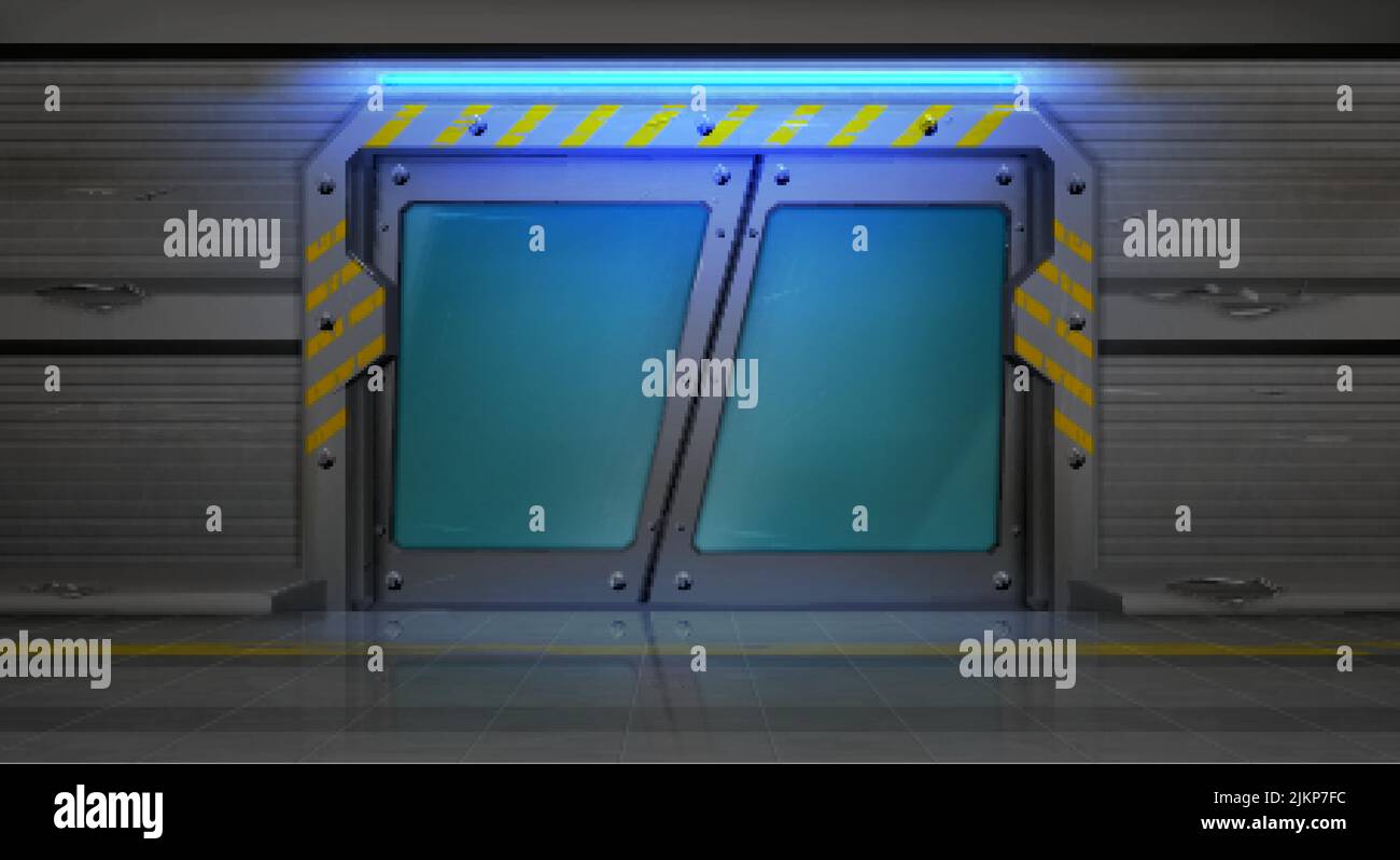 Metalltür, Bunker oder geheimer Laboreingang mit Glasfenstern, Schiebetore im Raumschiff-Innenraum. Futuristisches, geschlossenes Shuttle-Ski-Fi-Gateway mit Stock Vektor