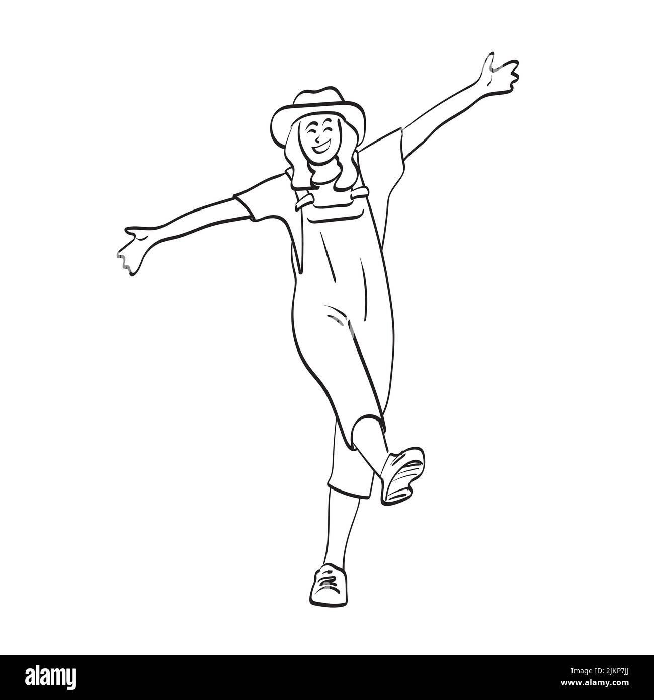 Linie Kunst in voller Länge von Landwirt Mädchen spreizen ihre Arme Illustration Vektor Hand gezeichnet isoliert auf weißem Hintergrund Stock Vektor