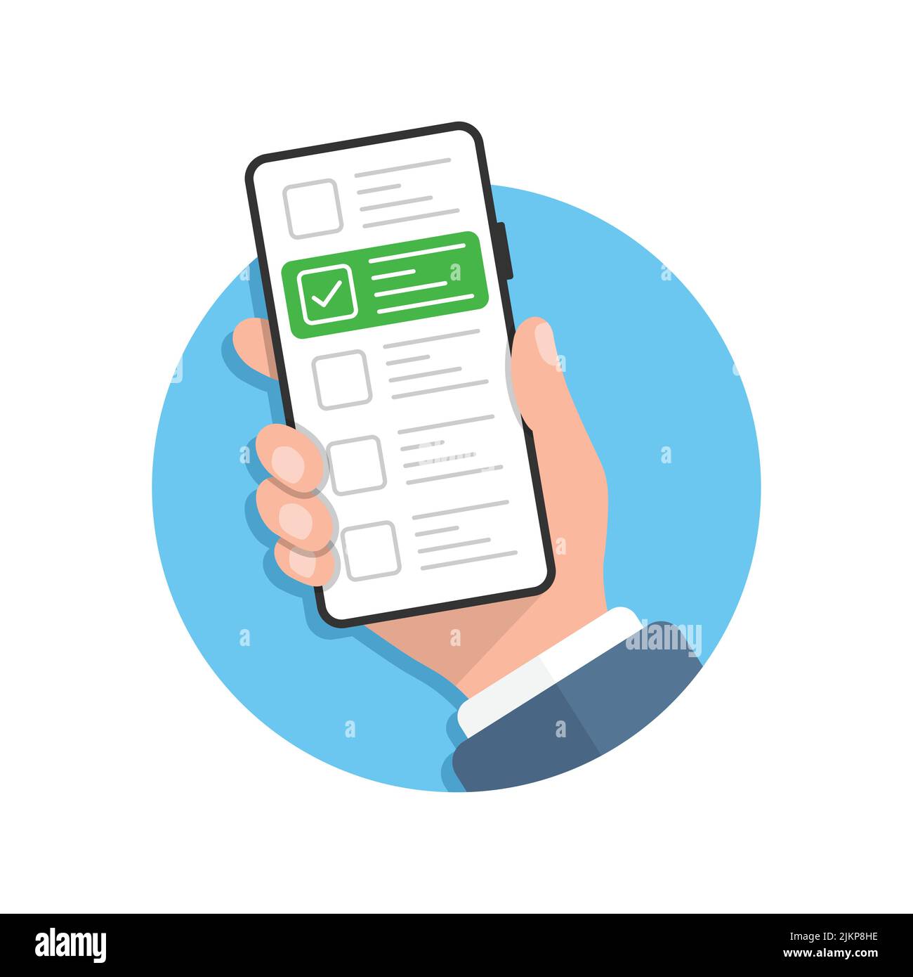Online-Formular Umfrage in der Hand Illustration in flacher Form. Vektordarstellung des mobilen Fragebogens auf isoliertem Hintergrund. Checkliste auf dem Telefonbildschirm Stock Vektor