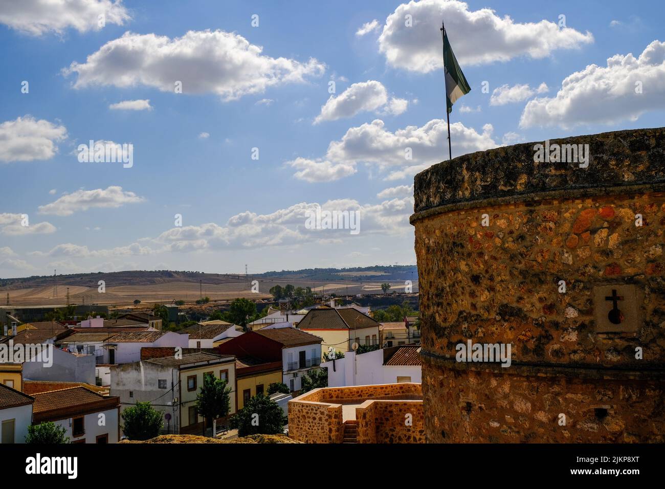 Eine schöne Architektur der mittelalterlichen Stadt Niebla in Spanien Stockfoto
