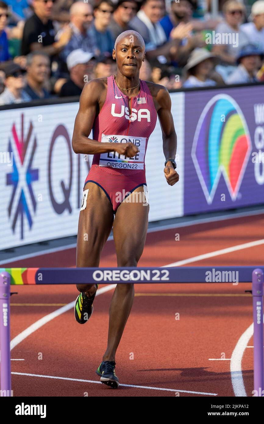 Shamier Little (USA) läuft in der ersten Runde der 400-Meter-Hürden am Nachmittag am 5. Tag des World Athletics Cha eine Zeit von 54,77 Metern Stockfoto