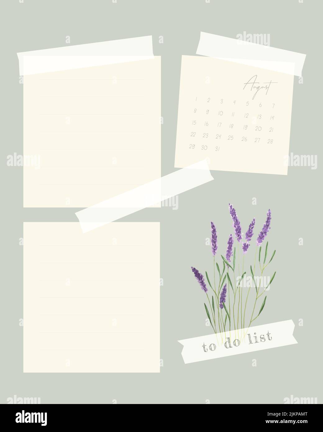 August 2022 Kalender Collage Vorlage für Notiz, To-Do-Liste, Erinnerung, Lavendel Aquarell Handzeichnung. Vektorgrafik Stock Vektor