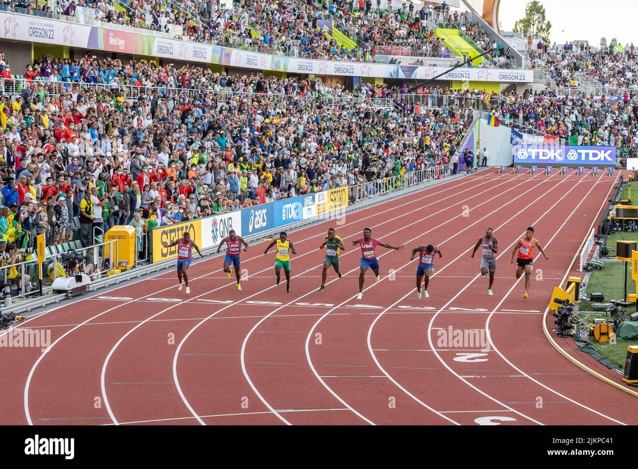 Das Team USA fegte die Medaillen im 100-Meter-Finale der Herren mit Fred Kerley (Gold) in der Lane 4, Marvin Bracy (Silber) in der Lane 3 und Trayvon Bromell (Bronze Stockfoto