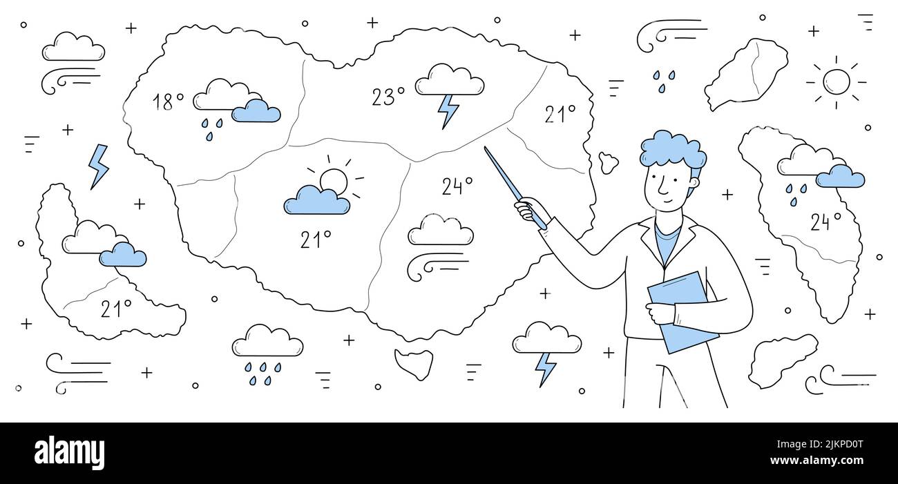 Wetterbericht, Wettervorhersage Doodle Konzept. Der männliche Fernsehmoderator steht auf dem Bildschirm mit einer Meteorologiekarte. Anchorman präsentiert Monitor Stock Vektor