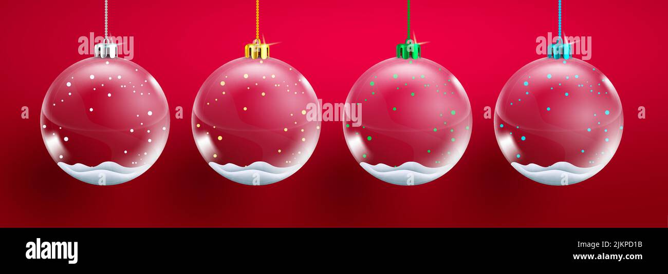 Weihnachten Kristallkugeln Vektor-Set-Design. Weihnachten Schneeball hängende Dekoration Kollektion in rotem Hintergrund mit dekorativen Glaskristallen für 3D. Stock Vektor