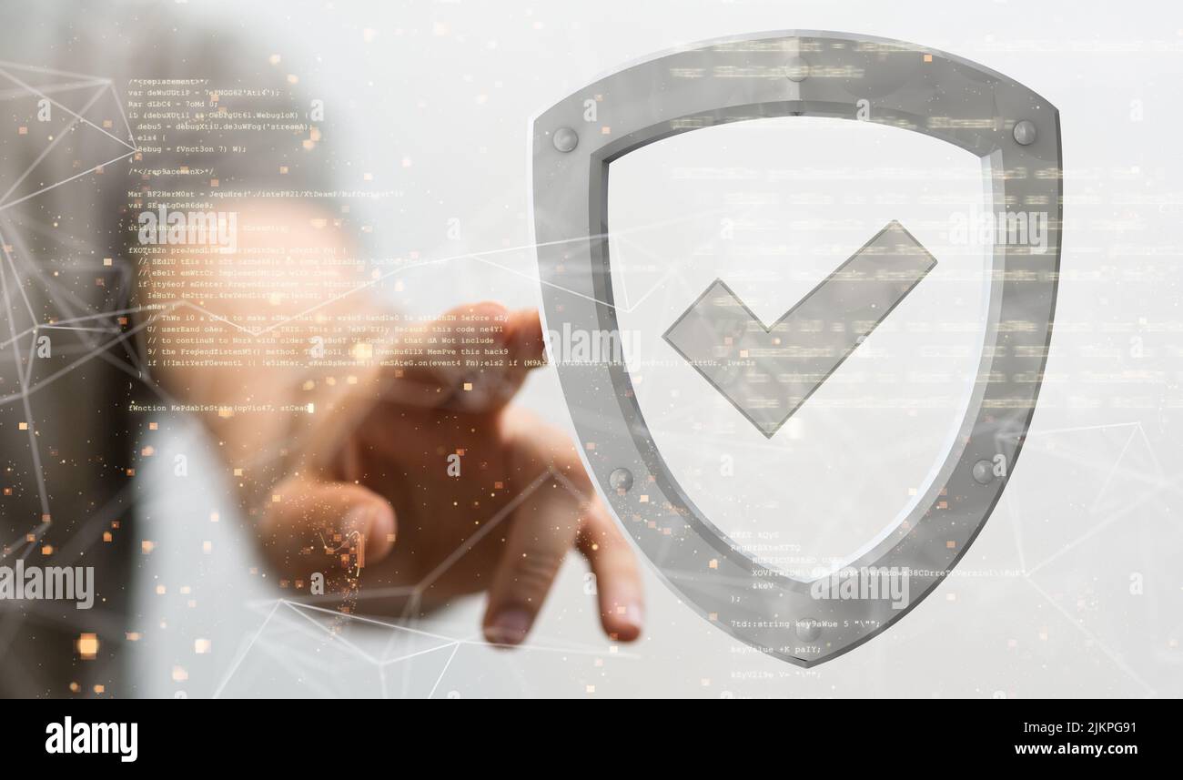 Die Hand einer Person berührt ein graues Sicherheitssymbol. Informationssicherheitskonzept Stockfoto
