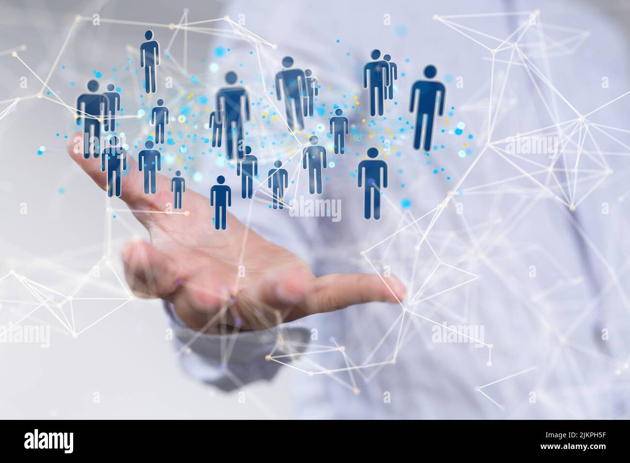 Eine Darstellung menschlicher Ikonen aus dem Jahr 3D über ein Hand-Social-Network-Kommunikationskonzept Stockfoto