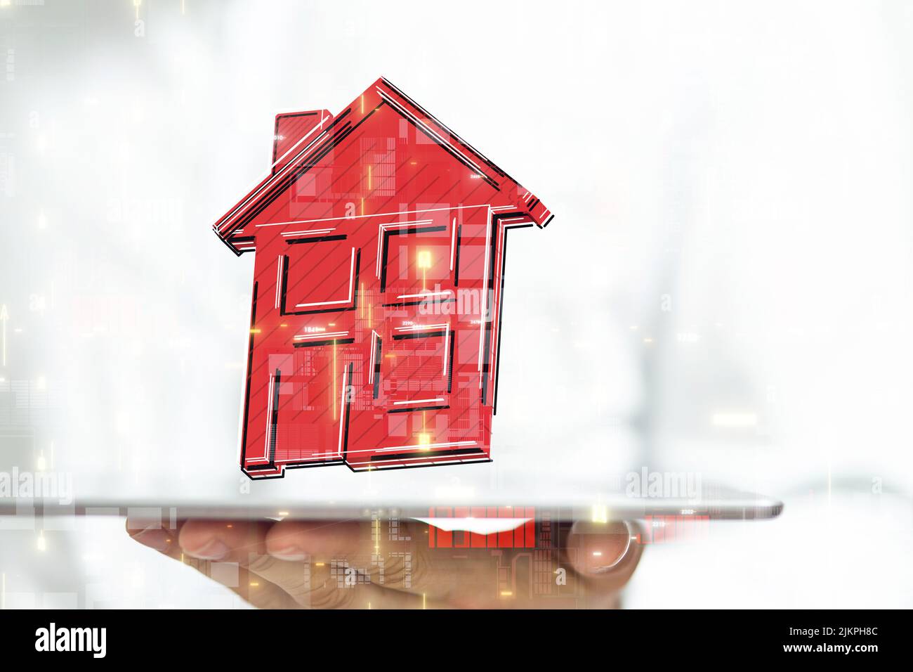 Ein 3D Rendering von zu Hause schweben über ein mobiles Tablet-Home-Daten, digitale Cyberspace-Konzept Stockfoto