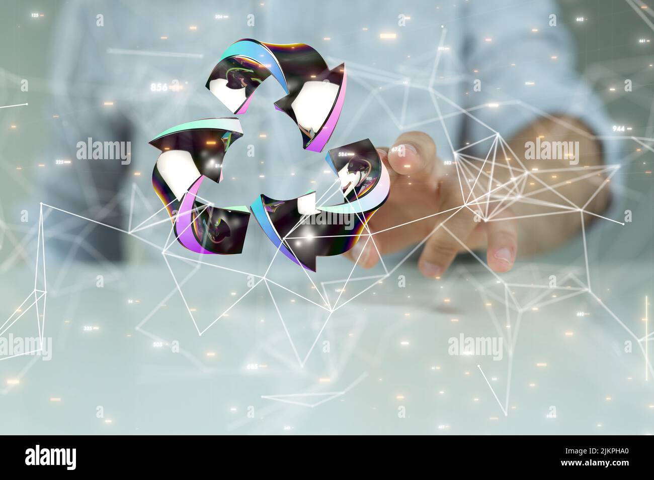 Ein 3D Rendering von Recycling-Symbol mit Hand darauf tippen von hinter-Öko-Business-Konzept Stockfoto
