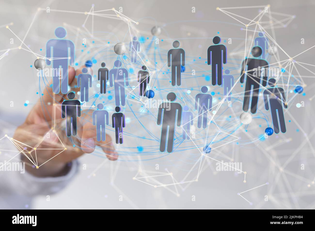 Eine Darstellung von menschlichen Symbolen aus dem Jahr 3D mit handlichem Tippen auf diese Symbole aus dem Kommunikationskonzept hinter sozialen Netzwerken Stockfoto