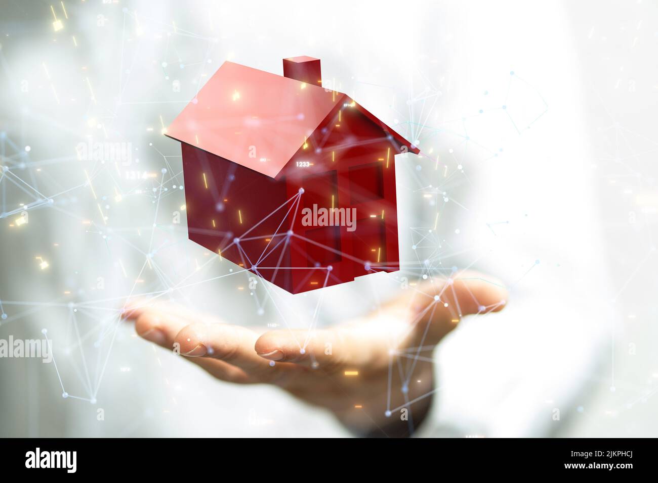 Ein 3D Rendering von Home Floating auf Hand-Home-Daten, digitales Cyberspace-Konzept Stockfoto