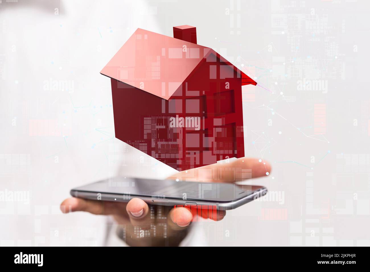 Ein 3D Rendering von Home Icon, das über ein digitales Konzept für den digitalen Cyberspace von Mobiltelefonen schwebt Stockfoto