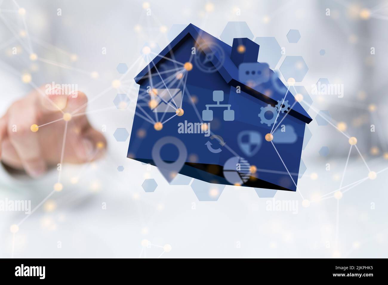 Ein 3D Rendering von zu Hause mit Hand klopfen auf sie aus hinter-Home-Daten, digitale Cyberspace-Konzept Stockfoto