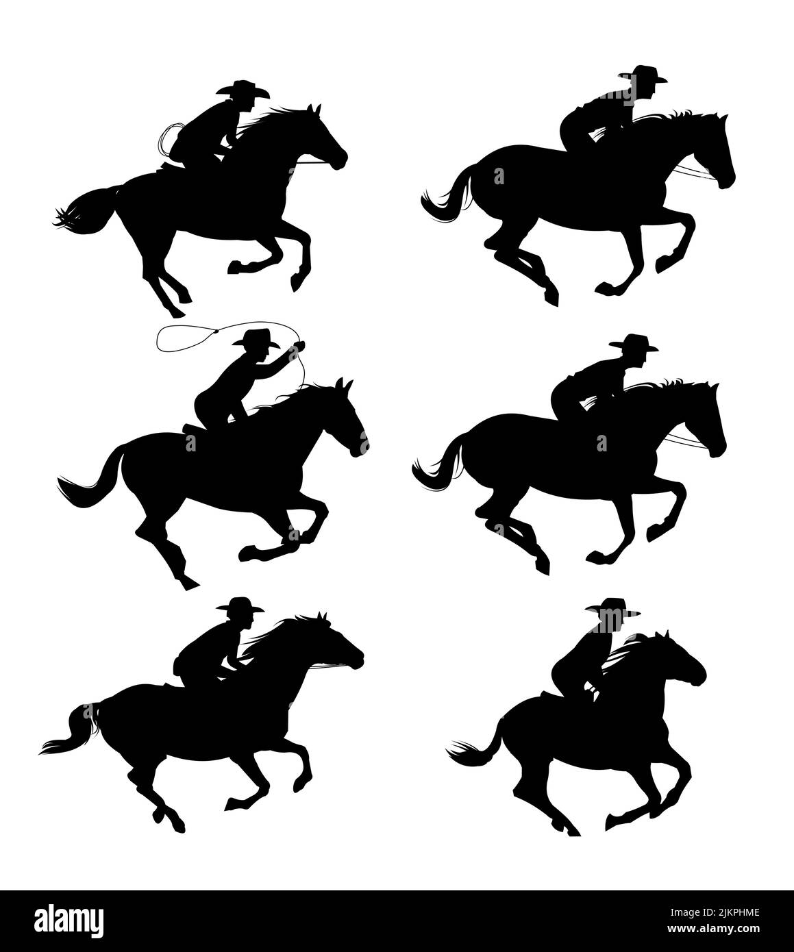 Ein Set Cowboys reitet auf Pferden. Bildsilhouette. Reiter auf dem Pferderücken. Isoliert auf weißem Hintergrund. Vektor Stock Vektor