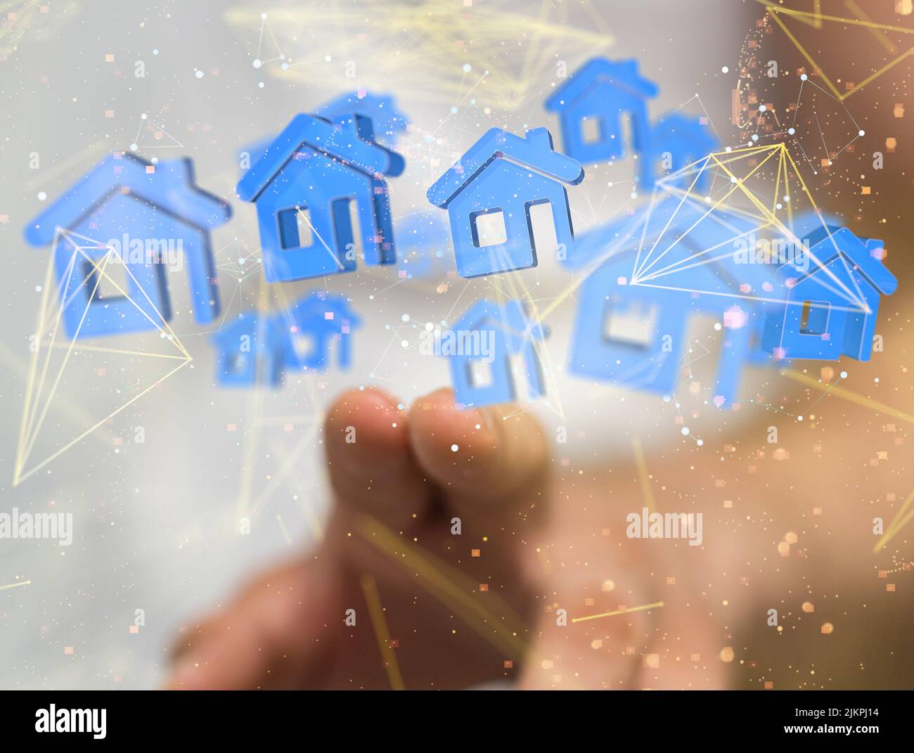 Ein 3D Rendering von Blue Home iot, das mit neuronalen Netzwerken verbunden ist Stockfoto