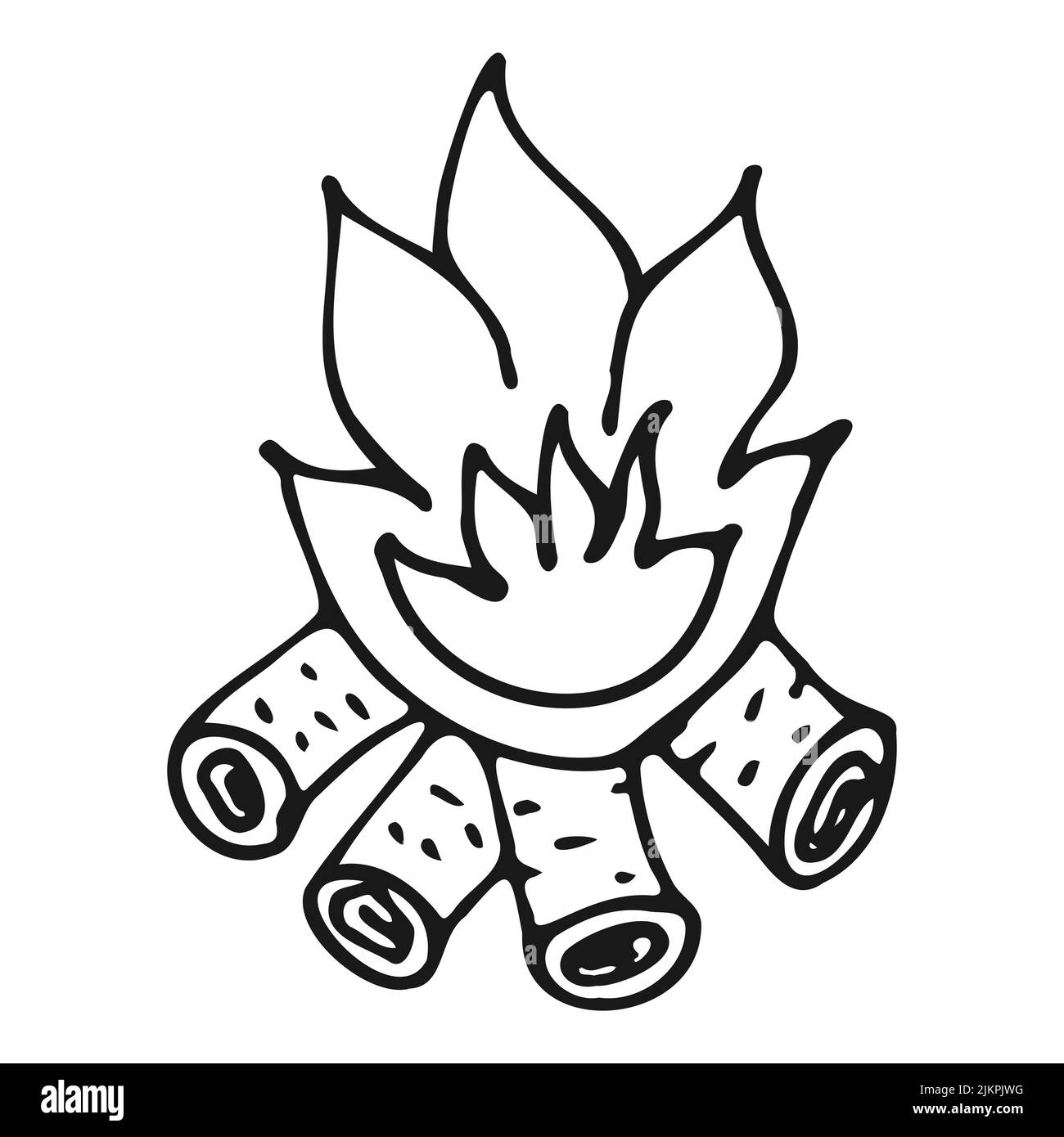 Brennendes Lagerfeuer mit Feuerholz im Doodle-Stil. Flamme, Feuer handgezeichnete schwarze Umrisse auf weißem Hintergrund.Vektor-Illustration. Stock Vektor