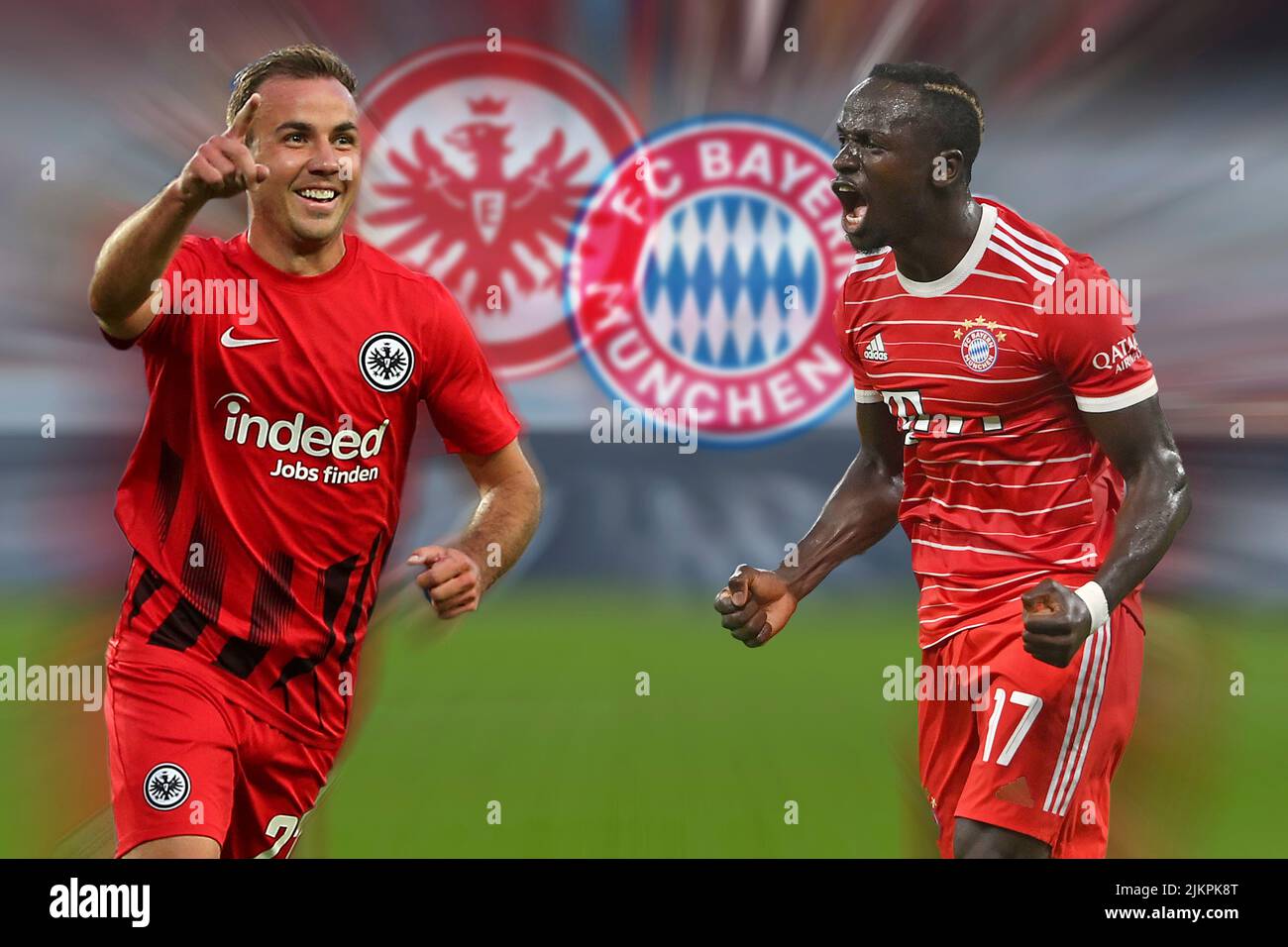 Leipzig, Deutschland. 03. August 2022. FOTOMONTAGE: Vorschau Bundesliga-Saison 2022/23. Eintracht Frankfurt gegen Bayern München am 5.. August 2022. Mario GOETZE (Eintracht Frankfurt) trifft Sadio MANE (FC Bayern München) . ? Kredit: dpa/Alamy Live Nachrichten Stockfoto