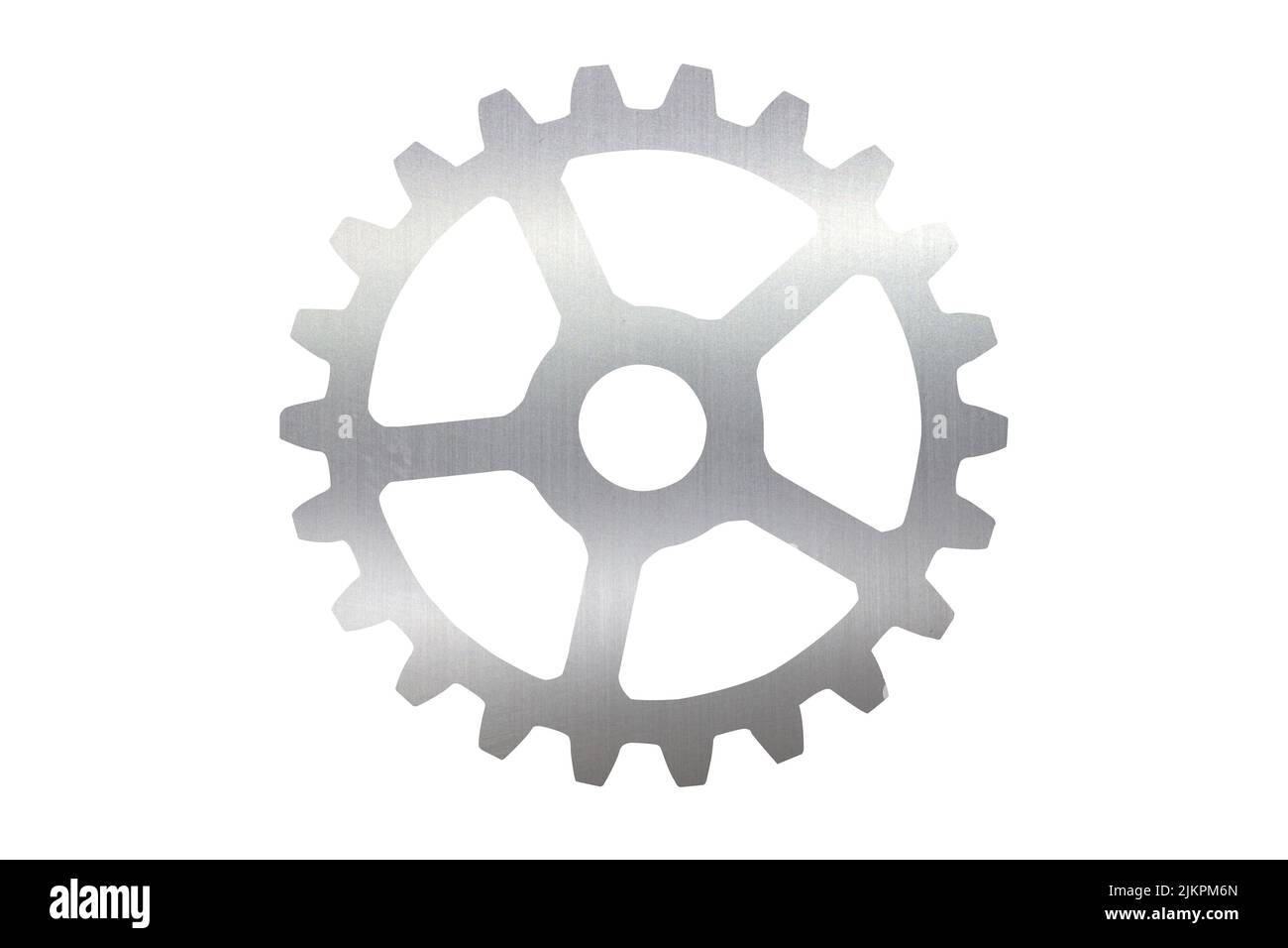 Industrielles Zahnrad aus Edelstahl auf Draufsicht, isoliert auf weißem Hintergrund Stockfoto