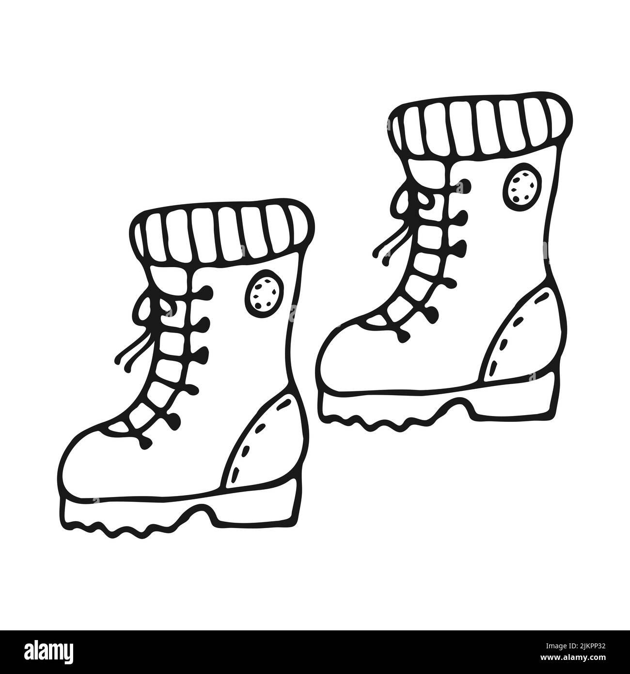 Ein Paar Wanderschuhe im Doodle-Stil. Schuhe handgezeichnete schwarze Umrisse auf weißem Hintergrund. Vektorgrafik. Stock Vektor