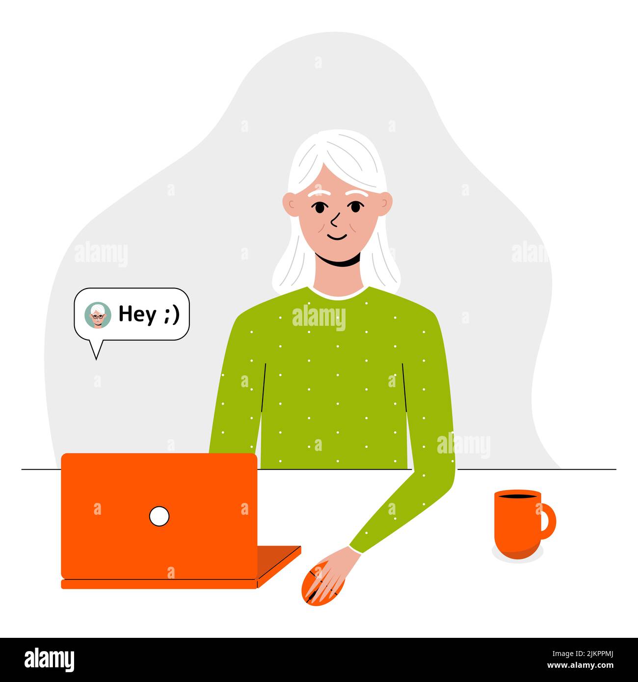 Eine alte Frau benutzt einen Laptop. Nette ältere weibliche Figur sitzt und Dating-Apps, Social Media. Kommunizieren Sie im Netz für ältere Menschen. Niedlicher Vektor-illuu Stock Vektor